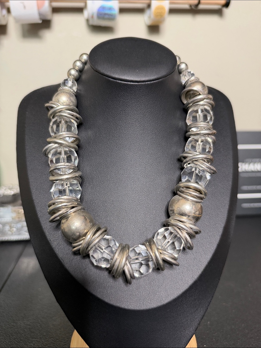 AC Silver Clear Glass Chunky Statement Necklace - Women Jewelry